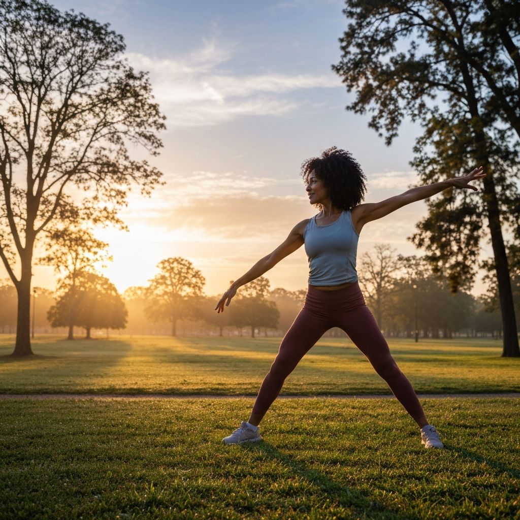 Active adult stretching in nature